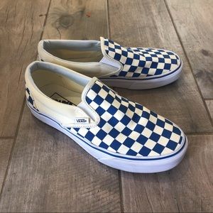 VANS BLUE CHECKERED SLIP ONS